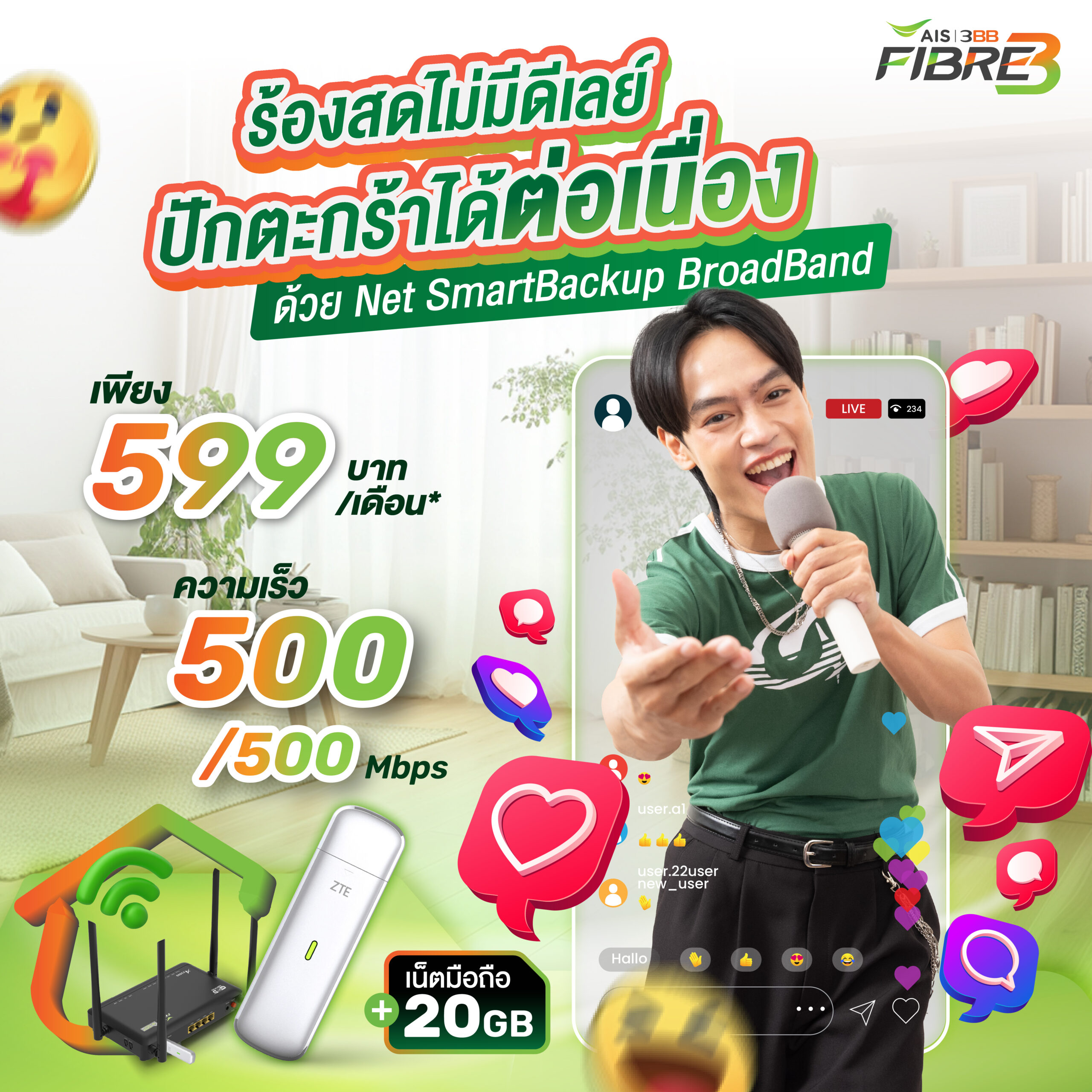 แพ็กเกจ Net SmartBackup Broadband ความเร็ว 500/500 Mbps ราคา 599 บาทต่อเดือน