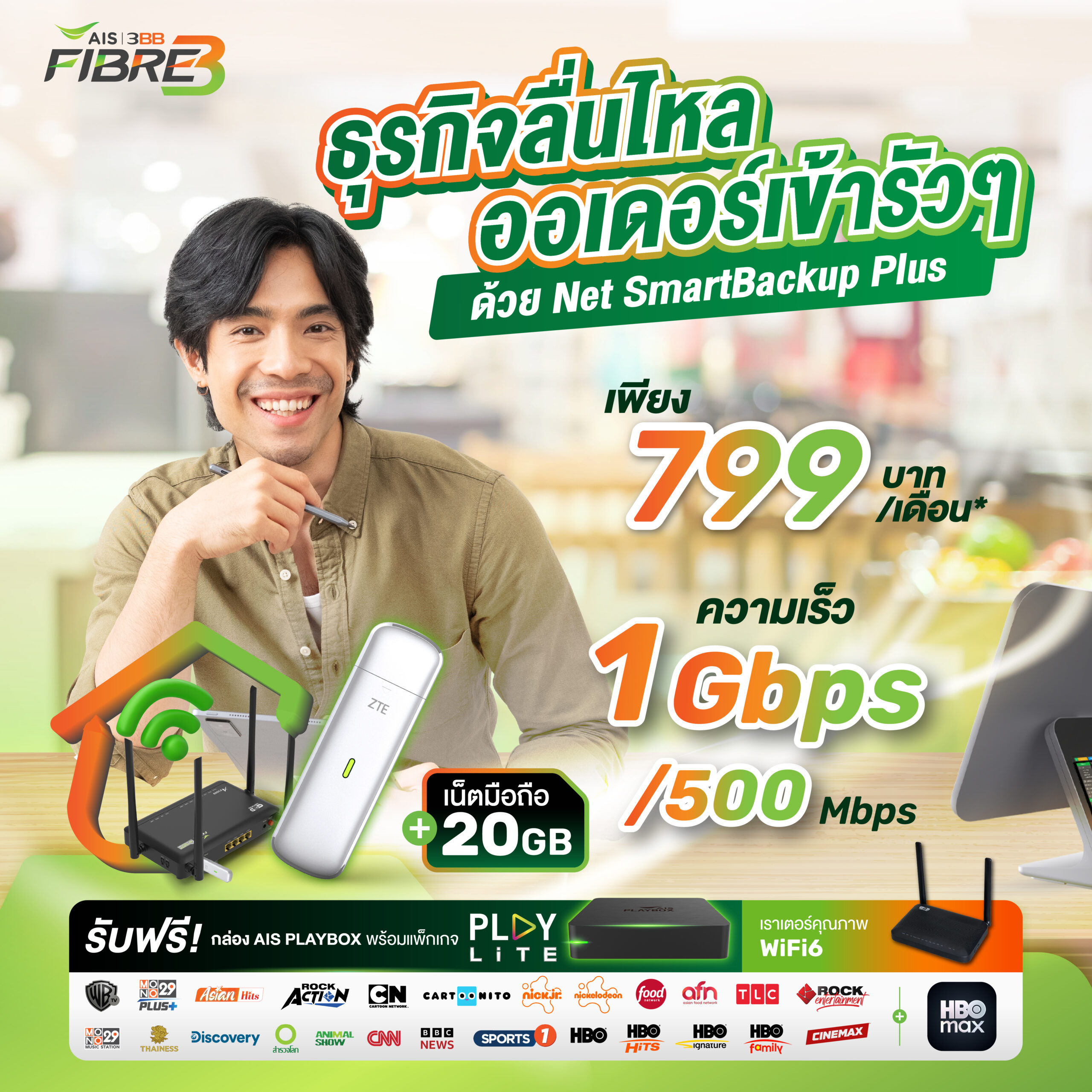 แพ็กเกจ Net SmartBackup Plus ความเร็ว 1 Gbps/500 Mbps ราคา 799 บาทต่อเดือน