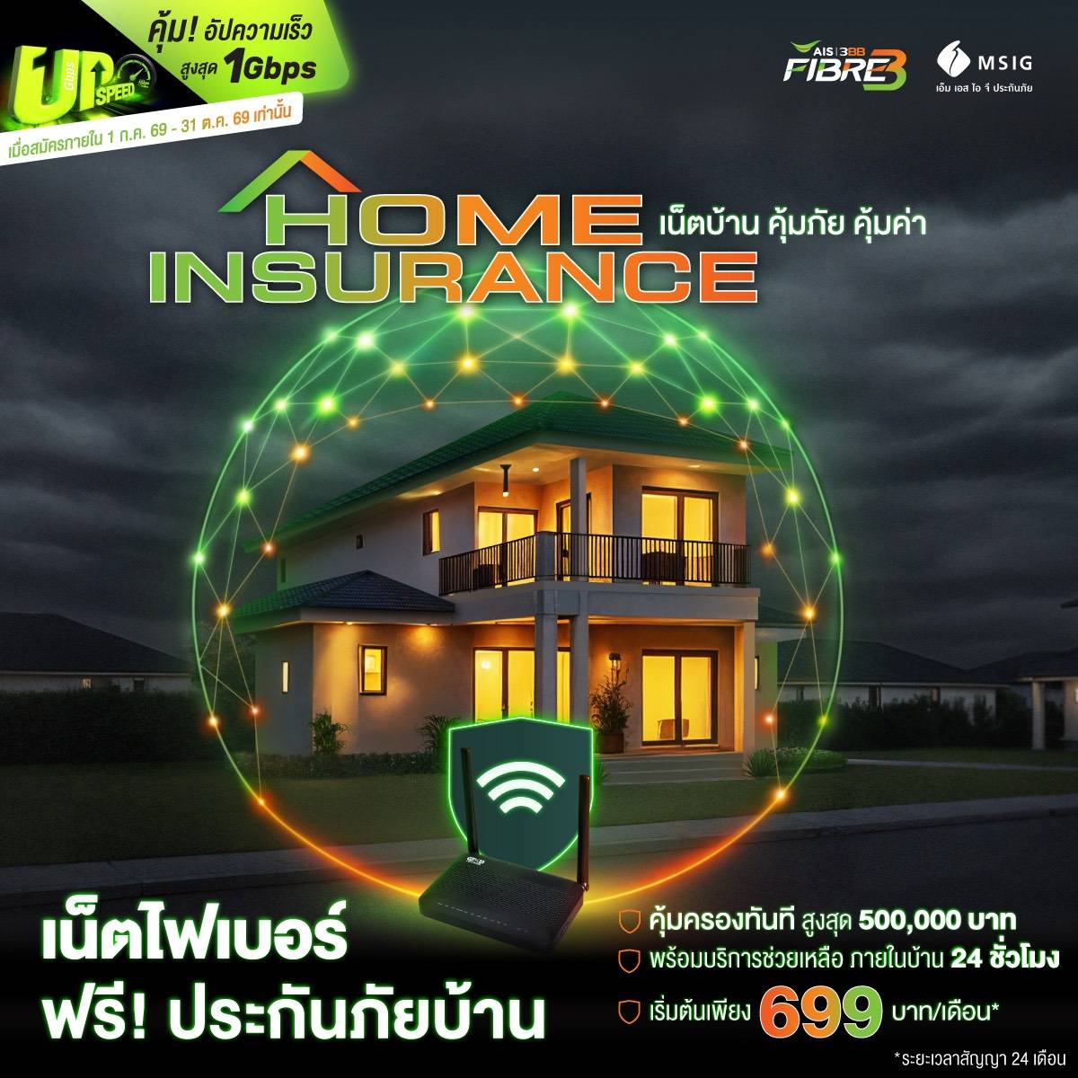 แพ็กเกจ HOME INSURANCE AIS 3BB FIBRE3 พร้อมประกันภัยบ้าน ราคาเริ่มต้น 699 บาทต่อเดือน